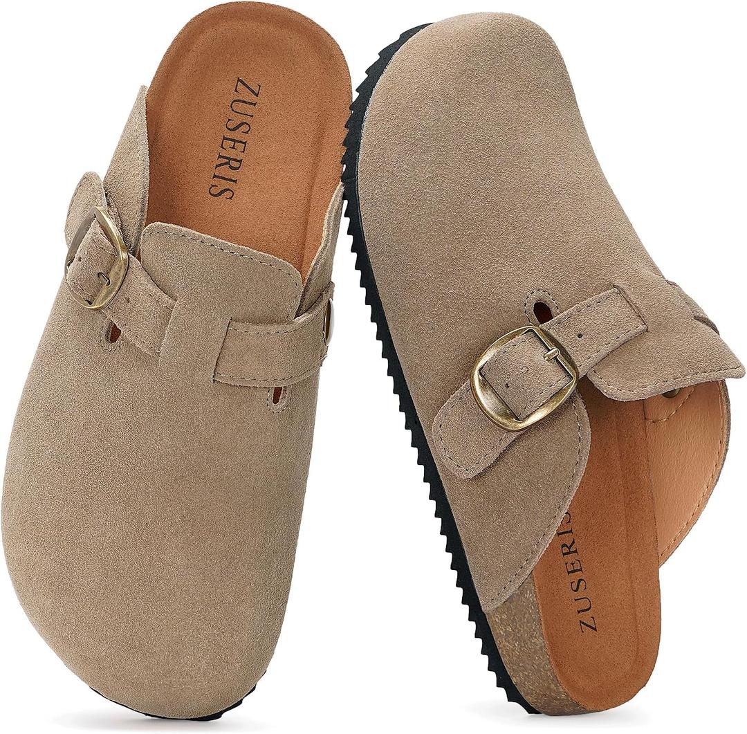 Kids Suede Clogs Boys Girls Cork Footbed Potato Shoes Classic Slip On Leather Mules Children Indoor Outdoor Sandals with Adjustable Buckle,Taupe,4 Big Kid=Label 37