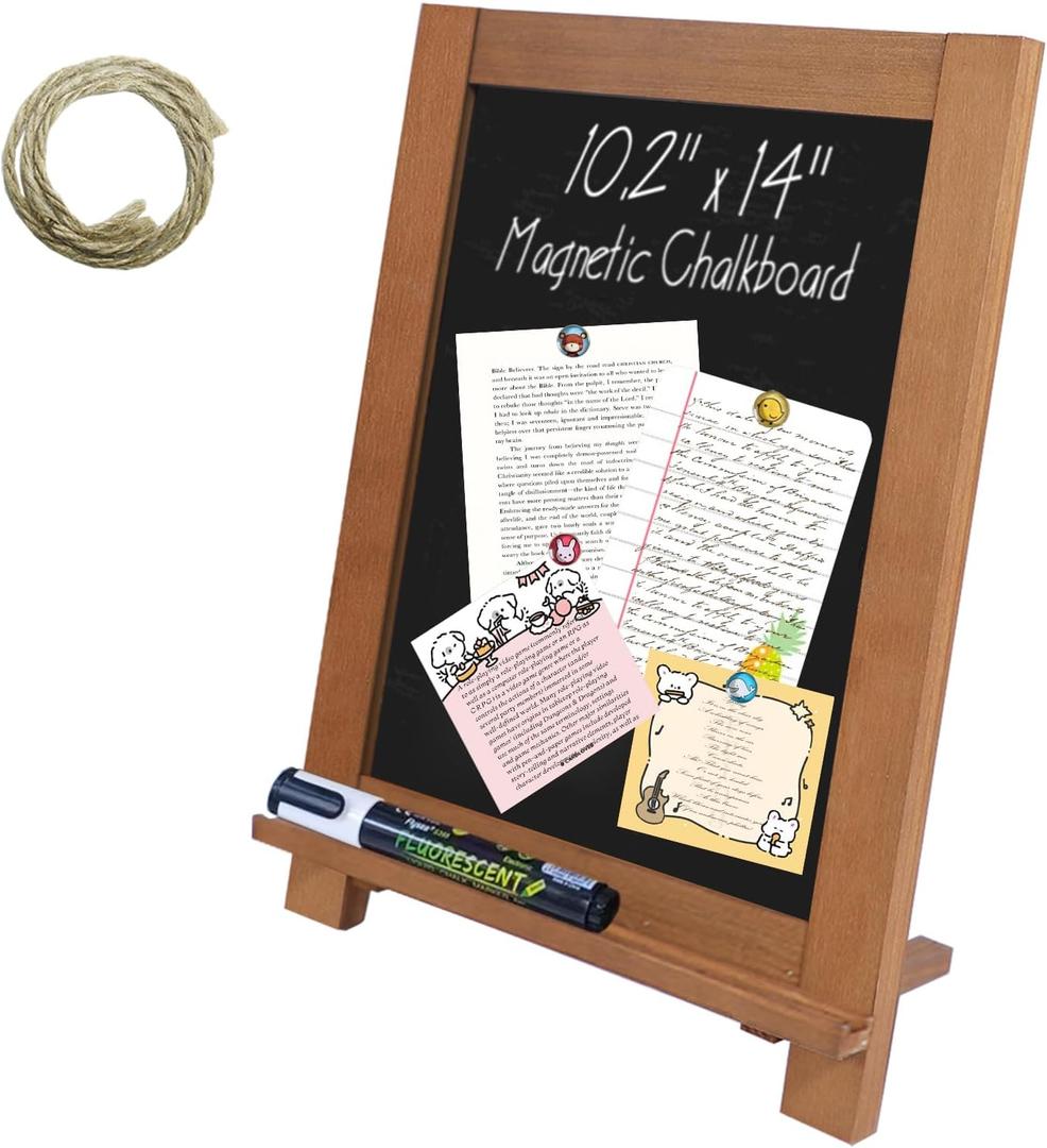 Tabletop Chalkboard Signs 10.2"x14" Magnetic Small Chalkboard Sign, Desktop Standing/Wall Hanging Blackboard with Liquid Chalk Marker, Wood Framed Menu Board for Kitchen, Caf, Home Decor