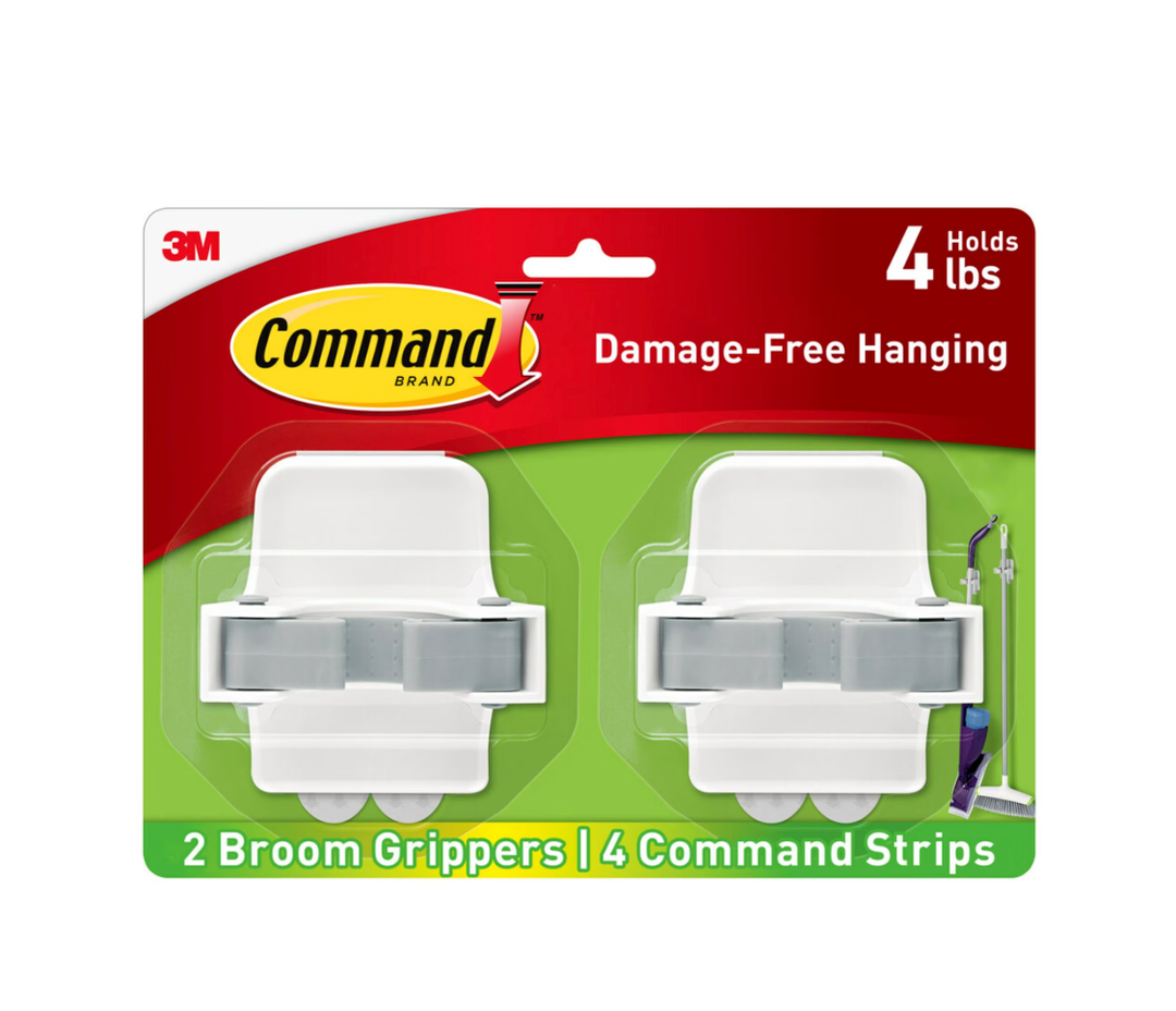 Command Broom and Mop Grippers Wall Hook, White, Damage Free Organizing, 2 Hangers