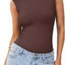 PINKMSTYLE Womens Crew Neck Sleeveless Bodysuit Double Lined Stretchy Fitted Basic Thong Body suit Tank Tops (Small, Dark Brown)