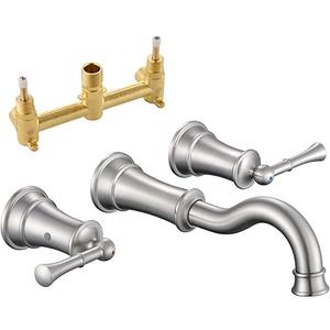 WINKEAR Roman Bathroom Sink Faucet Deck Mount or Wall Mount Installation Pop-up Drain Assembly with Overflow Deck Plate and Water Supply Lines Included (3 Hole Wall Mount, Brush Nickel)