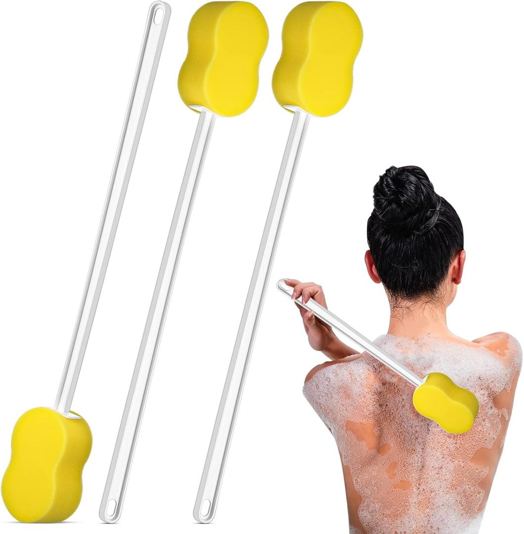 3 Pieces Long Handle Sponge 22.4'' Back Sponge On A Stick Body Brush Handled Washer Scrubber for Foot Body Limited Motion (Yellow)