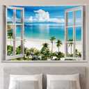 GOURIDA Ocean Beach Tapestry Wall Hanging Blue Sea Tropic Island Paradise Summer Coconut Tree Palm Seaside Window Nature for Bedroom Aesthetic,61 W x 41 H inch