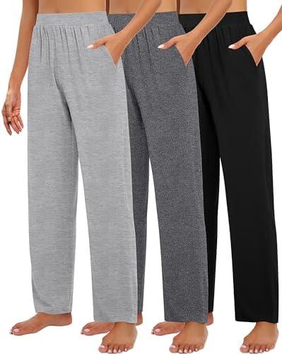 Huukeay 3 Pack Women's Lounge Pants, Cozy Wide Leg Lounge Slacks with Pockets Loose Flowy Yoga Sweatpant Workout Comfy Jogger, Size: M