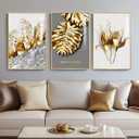 Framed Modern Luxury Gold Wall Art, Set of 3 Piece Contemporary Paintings Artwork for Walls, Golden Leaf Prints with Gold Frame, Pictures for Living Room, Hallway, Bedroom, Office Wall Decor 16x24 Inch