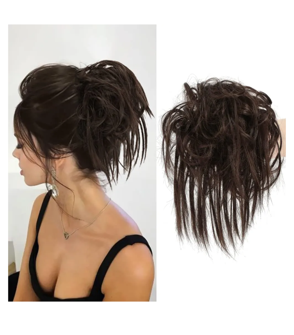 Messy Bun Hair Piece, Synthetic Tousled updo Short Ponytail Faux Hair Scrunchie with Elastic Rubber Band Fake Hair Bun for Women (Bronze Brown)