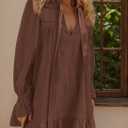 Burtell Long Sleeve Babydoll Dresses Women Fall V Neck Lace Trim Mini Dress Flowy Puff Sleeve Tie Front A-Line Tunic Dress (Brown, M)