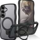 BENTOBEN for Samsung Galaxy S25 Case with Ring Stand, Cute Curly Wave Frame Galaxy S24/S25 Phone Case Compatible with MagSafe, Translucent Matte Shockproof Kickstand Cover for S24/S25 6.2", Black