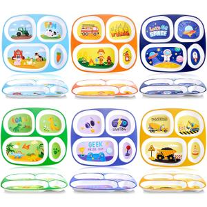 Hushee 6 Pcs 9.4 x 8.2 Inch Dinner Plate for Kids Girls Boys Cute Toddler Divided Plates Plastic Funny Serving Dishes for Construction Dinosaur Firefighter Farm Game Console Astronaut Animal