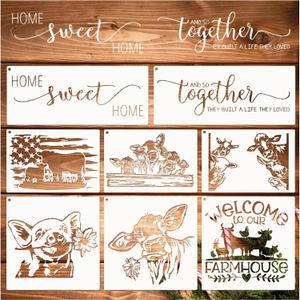 Farmhouse Stencils, Reusable Cow Pig Farm Stencils Wood Burning Country Farm Animal Paint Stencils for Painting on Wood DIY Craft Furniture Wall Sign Fabric Decors