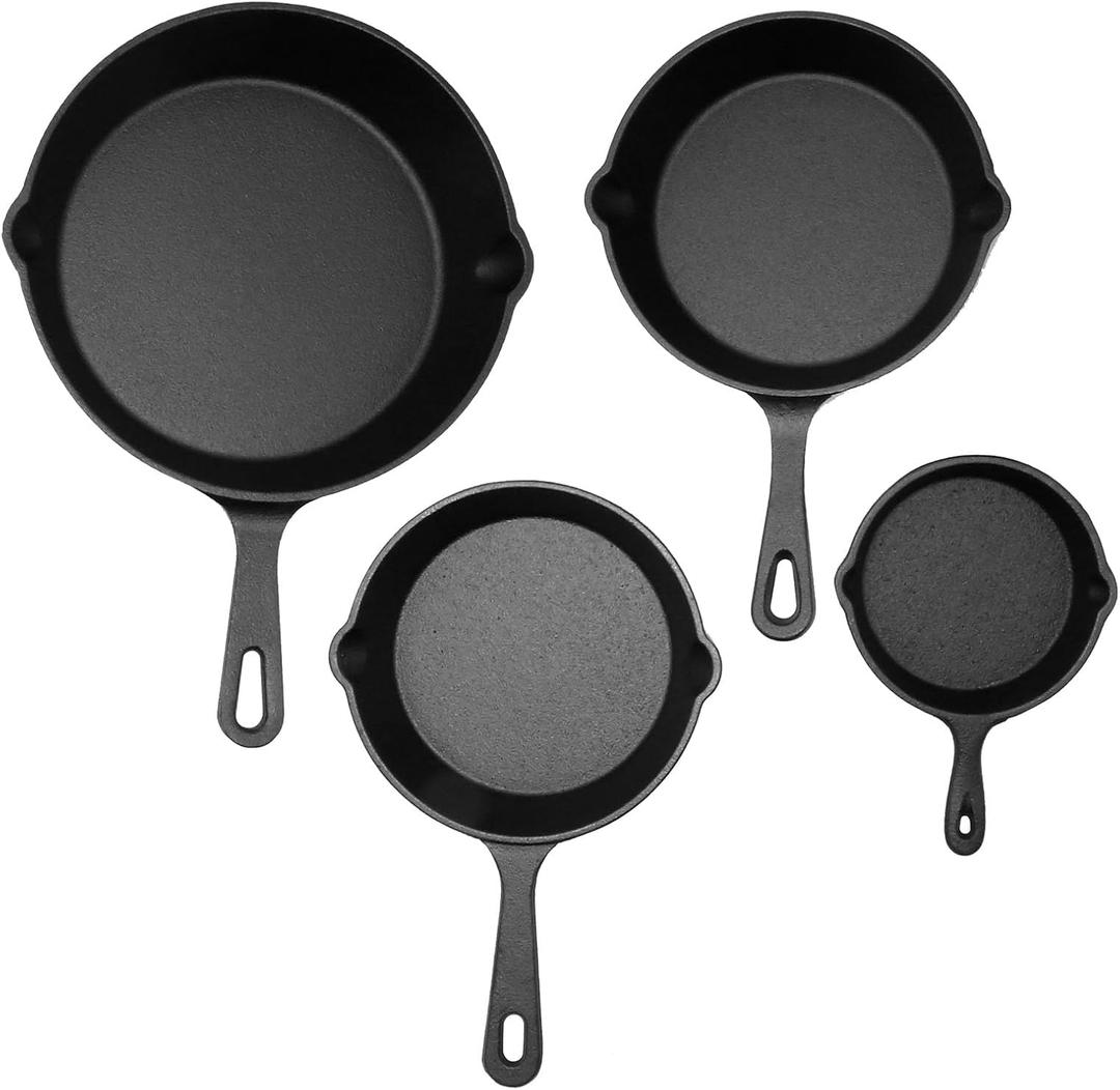 4 Pack Mini Cast Iron Skillet with Double Drip 4'',8'',6'',5.5'' Pre-Seasoned Cast Iron Skillet Set Small Frying Pans for Stove, Oven, Grill Safe, Indoor and Outdoor Use, Non-Stick(4Pack)