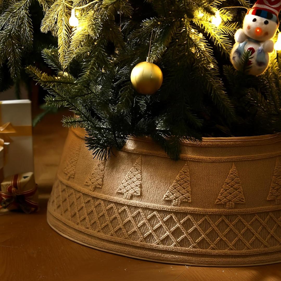 VioraWhite 28 Inch Christmas Tree Collar, Neutral Chunky Cable Knit Tree Base Cover Ring Skirt, Rustic Farmhouse Basket Collar for Xmas Home Office Holiday Decor, Fits 4-6 ft Trees (Coffee)