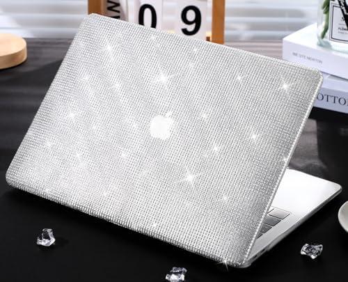 KEROM Glitter Case for MacBook Air 13 inch 2025-2022 M4 M3 M2 A3240 A3113 A2681, Luxury Bedazzled Shiny Bling Sparkle Textured PU Leather Hard Shell & Keyboard Cover for Mac Air 13.6 inch Case, Silver