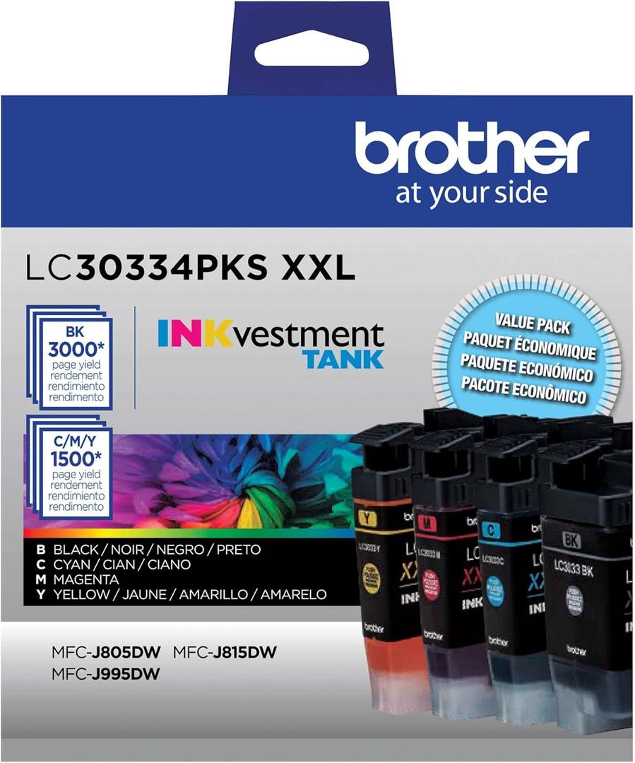 Brother Genuine LC30334PKS 4-Pack, Super High-Yield INKvestment Tank Ink Cartridges; Includes 1 Cartridge Each of Black, Cyan, Magenta & Yellow, Page Yield Up to 1,500 Pages/Cartridge, LC3033