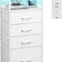 WLIVE Night Stand with Charger Station, White Nightstand with LED Light and 4 Storage Drawers, Tall Dresser for Bedroom, 37.48" H Bedside Table with Fabric Bins, Wood Shelf