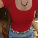 LOLONG Womens Short Sleeve Ribbed T Shirts Summer Casual Square Neck Lace Patchwork Tops (Red, S)