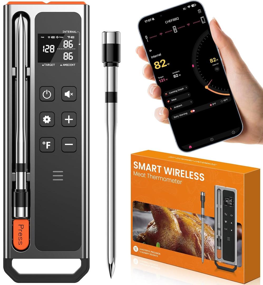 Wireless Meat Thermometer Digital-5.3 Bluetooth for Stable 800ft APP Control (iOS&Android), 10mins Charge for 24H Use Meat Probe, Accuracy 0.5F, Instant Read Meat Thermometer for BBQ, Grill, Oven