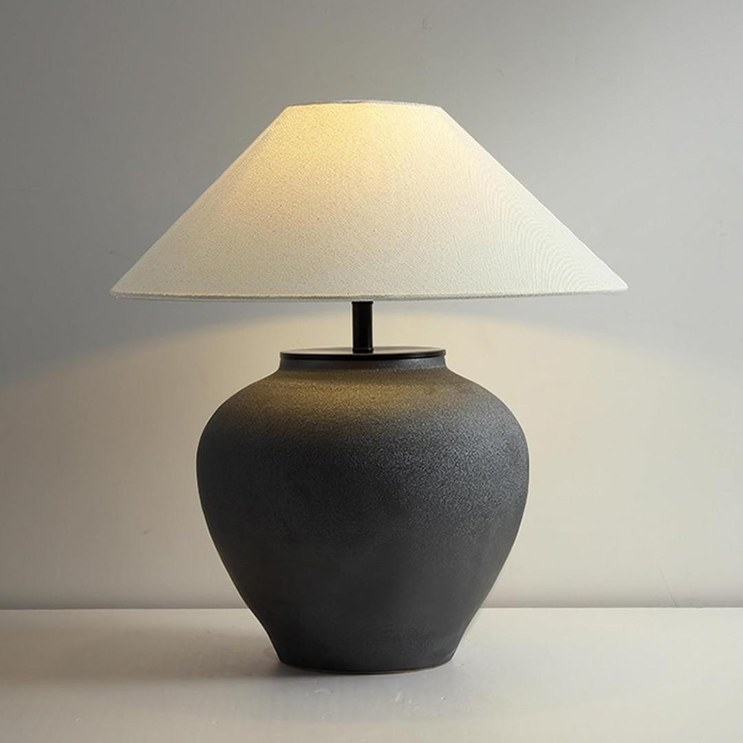 18.8" Black Vintage Distressed Ceramic Pot Table Lamp with Fabric Shade Rustic Farmhouse Table Lamps for Living Room Decorative Bedside Nightstand Lamp for Living Room Hotels Office