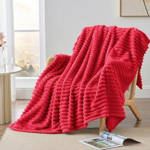 BEDELITE Fleece Throw Blanket for Couch, 300GSM Soft & Warm Fluffy Queen Blanket, Decorative and Giftable Striped Red Blankets for Women, Men, 50"x60"