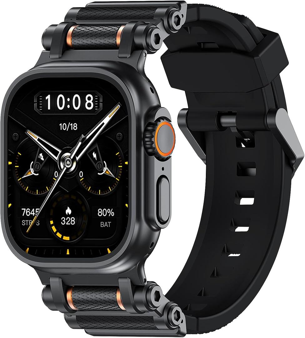 TAURI Designed for Apple Watch Band for Apple Watch Ultra 2/ Ultra 49mm [Liquid Silicone + Stainless Steel Metal Connector Band] for Series 10/9/8/7/6/SE/5/4 46mm/45mm/44mm Men, All Black