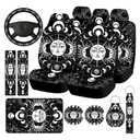 Riakrum 15 Pcs Moon Stars and Sun Seat Covers Full Set Thick Car Front and Back Seat Covers Steering Wheel Cover Seatbelt Strap Cover Armrest Pads Cup Mat Wrist Strap Key Chains for Auto Truck