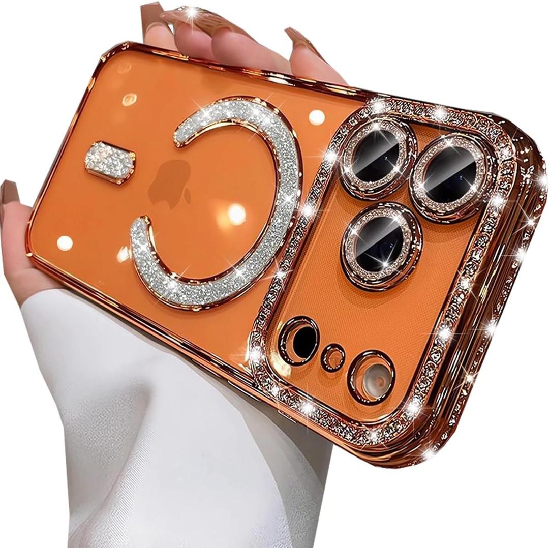 Changjia Magnetic Clear Glitter Case for iPhone 17 Pro Max,[Compatible with MagSafe] Cute Bling Sparkly Diamond Rhinestone with Camera Protector TPU Bumper Women Girl Case for iPhone 17 Pro Max,Orange