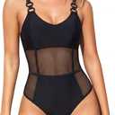 OOQ Womens One-Piece Swim Tummy Control Slimming Mesh Sheer Swimsuit Adjustable Straps Push Up Beachwear, L