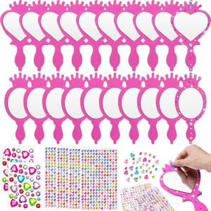 Geetery 20 Pcs Unbreakable Kids Mirror DIY Decorate Your Own Princess Mirror Mermaid Princess Foam Small Crafts for Princess Party Decorations(Pink)
