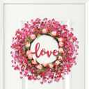 22 Inch Valentines Day Wreaths for Front Door, Pink Tulip Artificial Wreath with Berries & Green Leaves, Valentine Wreath Decor for Home Indoor Outdoor