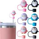 6Pcs Cute Penguin Straw Covers Cap Toppers for Cup 10mm, Silicone Cartoon Penguin Straw Tips Lids Protector BPA Free for 10mm Cup Accessories, Reusable Dust-Proof Cap