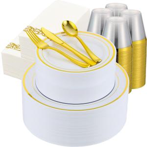 700 PCS Gold Plastic Dinnerware for 100 Guests, Gold and White Disposable Plates include 100 Dinner Plates,100 Dessert Plates,100 Silverware Set,100 Cups,100 Napkins