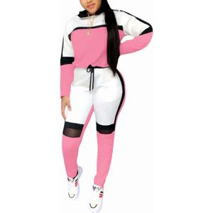 ThusFar Women's Casual Sweatsuit Two Piece Outfits Patchwork Net Color Block Pocket Hooded Top Pant Set Jogger Tracksuit (Large, Pink)