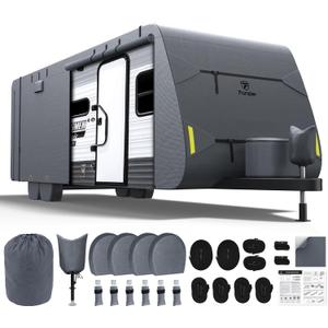 RV Cover 20-22ft: Extra Thick 7 Layers Travel Trailer Cover with 4 Tire Covers, Waterproof Camper Cover, Extra Windproof Ropes, Gutter Cover, Rip-Stop Anti-UV