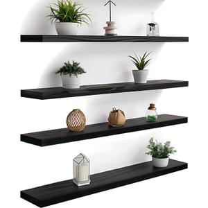 YYWUOJJ Wood Floating Shelves for Wall Decor, Rustic Wall Shelves for Bedroom Bathroom Kitchen Living Room, Set of 4 Black 36 Inch