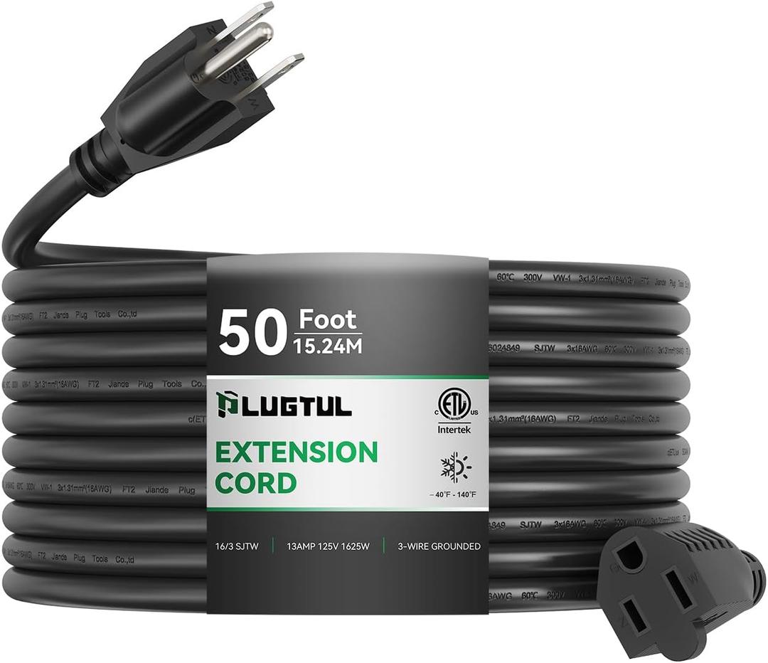 Extension Cord 50FT, 16/3 Gauge Outdoor Extension Cord Waterproof, 13A 1625W SJTW, ETL Listed, Great for Garden and Home, Black