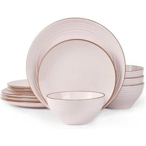 Famiware Jupiter Dinnerware Set, Plates and Bowls Dish Sets for 4 (12 Pieces), Microwave and Dishwasher Safe Stoneware Speckled Tableware, Chip and Scratch Resistant, Light Pink