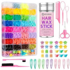 1704 Pcs Girls Hair Accessories, 32 Colors Toddler Baby Elastic Hair Bands with Organizer Box, 34P Hair Clips with Butterfly, Hair Wax Stick, Comb, Hair Tail Tools & Scissors