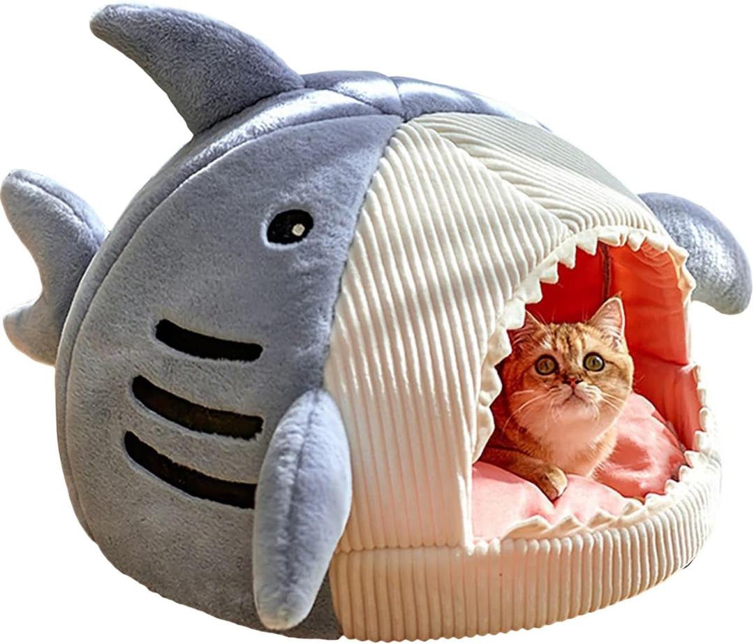 QWINEE Cat Mat Shark-Shaped Kennel Kitten Bed Hideout House Warm Soft Comfortable Semi-Closed Cat Dog Nest Blue, S