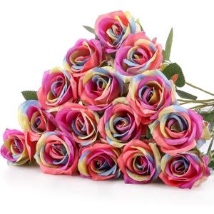 Hotop 20 Pcs Artificial Rose Flowers with Long Stem,Real Touch Silk Realistic Plastic Bouquet Roses Bulk for Home Decor Bridal Wedding Party Table Centerpieces Decorations(Rainbow)
