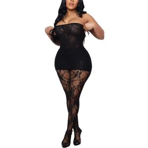 Kafiloe Sexy 2 Piece Outfits for Women Clubwear Lace Tube Mini Dress Top with Stockings Set Birthday Outfits (Small, Black)