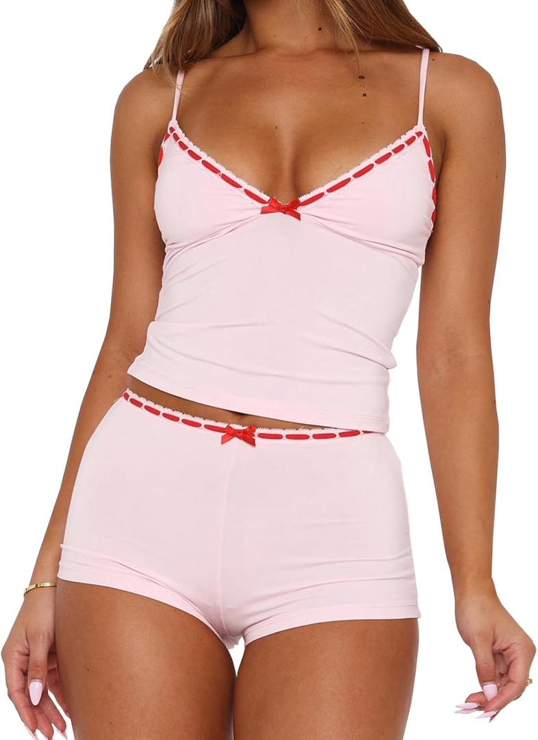 RUEWEY Women 2 Pieces Pajamas Set Bow Loungewear V-Neck Sleeveless Cami Tops and Shorts Sleepwear Outfits (Large, Pink)