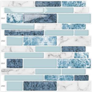 Peel and Stick on Self Adhesive Backsplash Wall Marble Tiles Stickers 3D for Kitchen Bathroom,Spliced Blue (10-Sheet, 12"12")