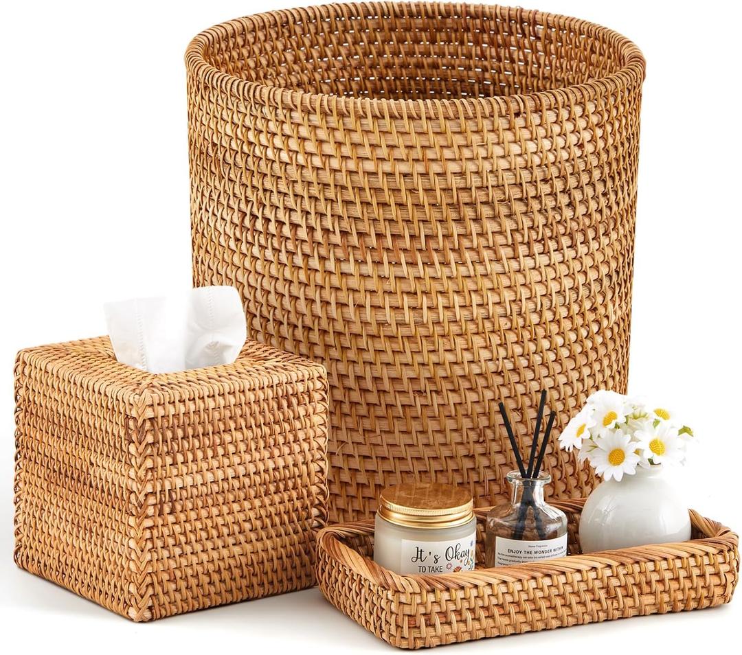 Teenyyou 3 Pcs Rattan Bathroom Accessories Set Wicker Handwoven Trash Can Basket Waste Paper Basket Square Tissue Box Holder Toilet Vanity Tray for Kitchen Office Organizer Decorative(Natural)