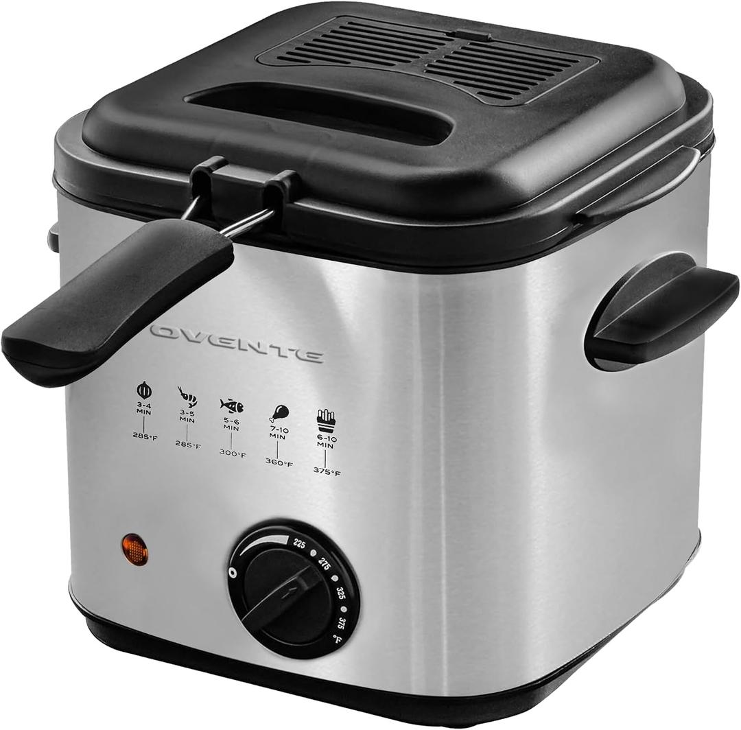 OVENTE Electric Deep Fryer, 1.5L Capacity, 800W, Silver FDM1501BR
Adjustable Temperature, Viewing Window Lid, Removable Frying Basket & Cool-Touch Handles, Stainless Steel Countertop Fryer