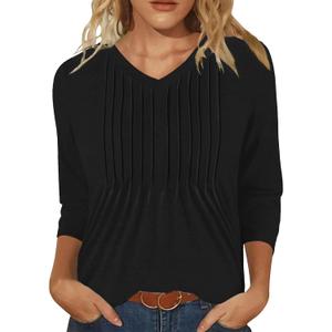 IEEILULU 3/4 Length Sleeve Womens Tops V Neck T Shirts Casual Pleated Tunic for Women Fashion Loose Blouses (Black, L)