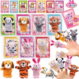 AMENON 28 Pack Valentines Day Gifts for Kids with Animal Finger Puppet Plush Toy (7 designs) Valentines Cards for Kids Boys Girls School Valentine Classroom Exchange Gift Prize Party Favor Game