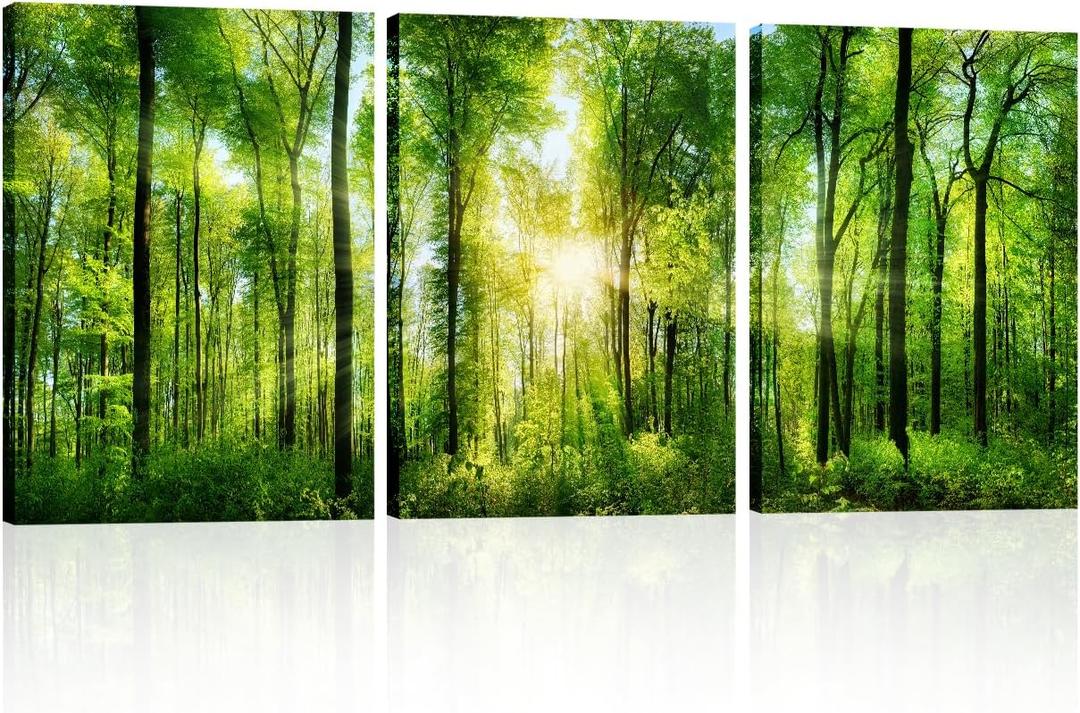 Green Forest Canvas Wall Art: Large Nature Wall Art Tree Pictures Sunrise Landsapce Art Framed Scenery Wall Mural Painting Wall Decor for Bedroom Living Room Office(3 Panel,16 x 24 Inch)