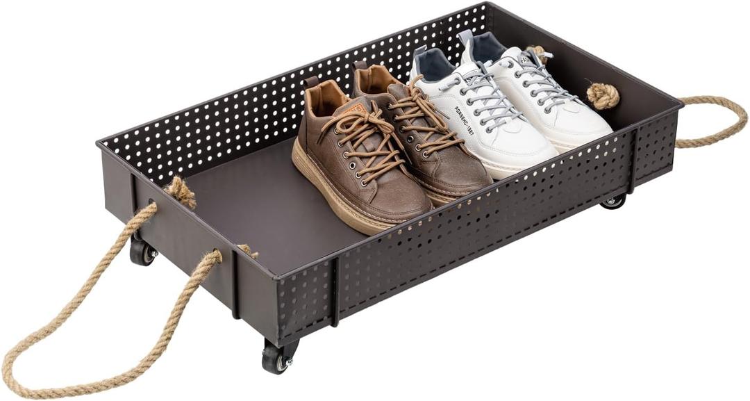 MyGift 26 Inch Industrial Brown Metal Entryway Boot Tray with Wheels and Decorative Rope Handles, Under Bed Storage Shoe Container Cart