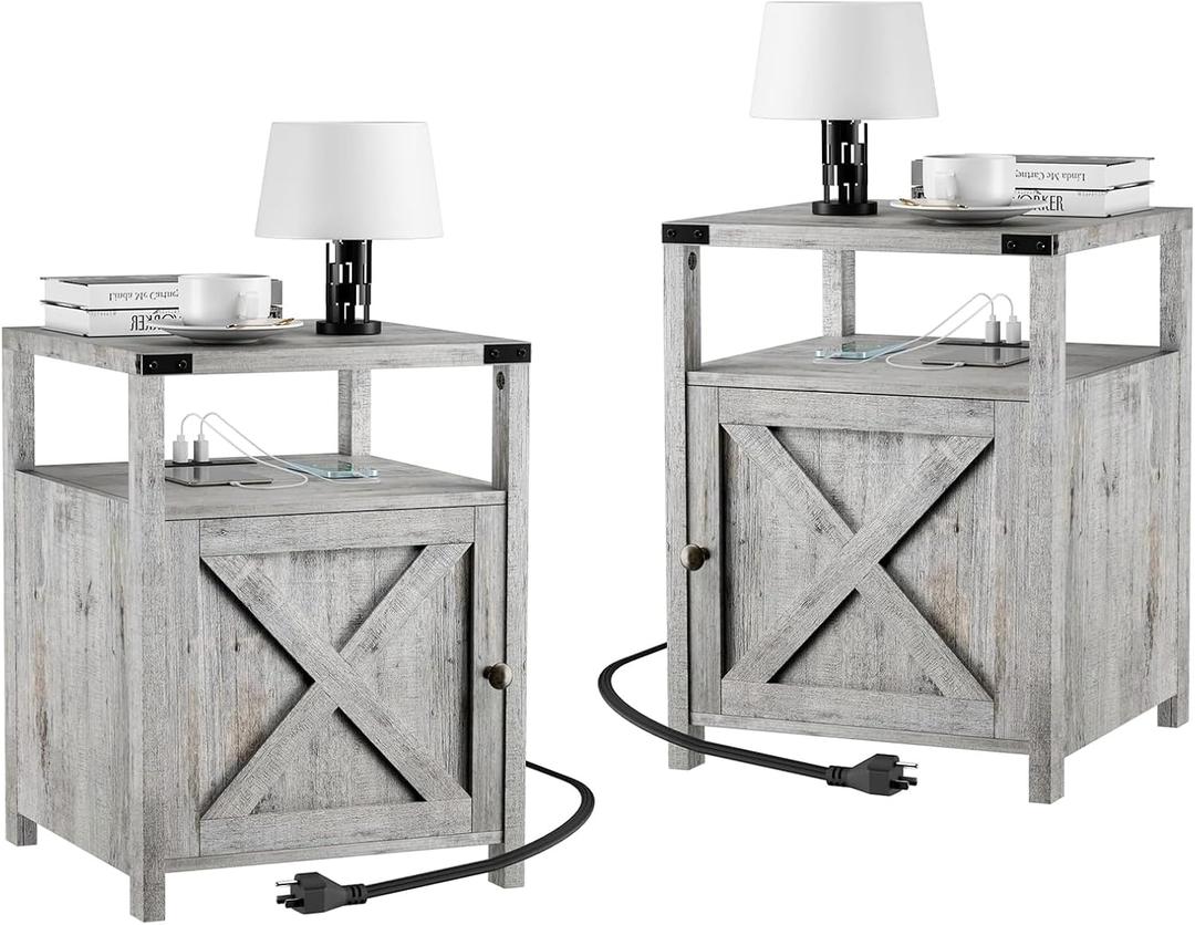 Farmhouse Nightstand Set of 2 with Charging Station, Rustic End Table Bedroom with Storage Living Room Side Table Grayish White Night Stand Industrial Bedside Table, 17.7 X 17.7 X 23.6 Inches