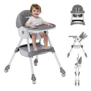 High Chairs for Babies and Toddlers, 4 in 1 Convertible Baby High Chair, Portable High Chair for Travel with Adjustable Height and Back, Foldable HighChair with Wheels& Pu Cushion (Grey)